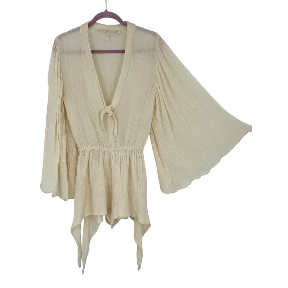 Free People Bell Sleeve Cream Romper Playsuit S| Boho Coastal Cowgirl Whimsigoth - Picture 3 of 16